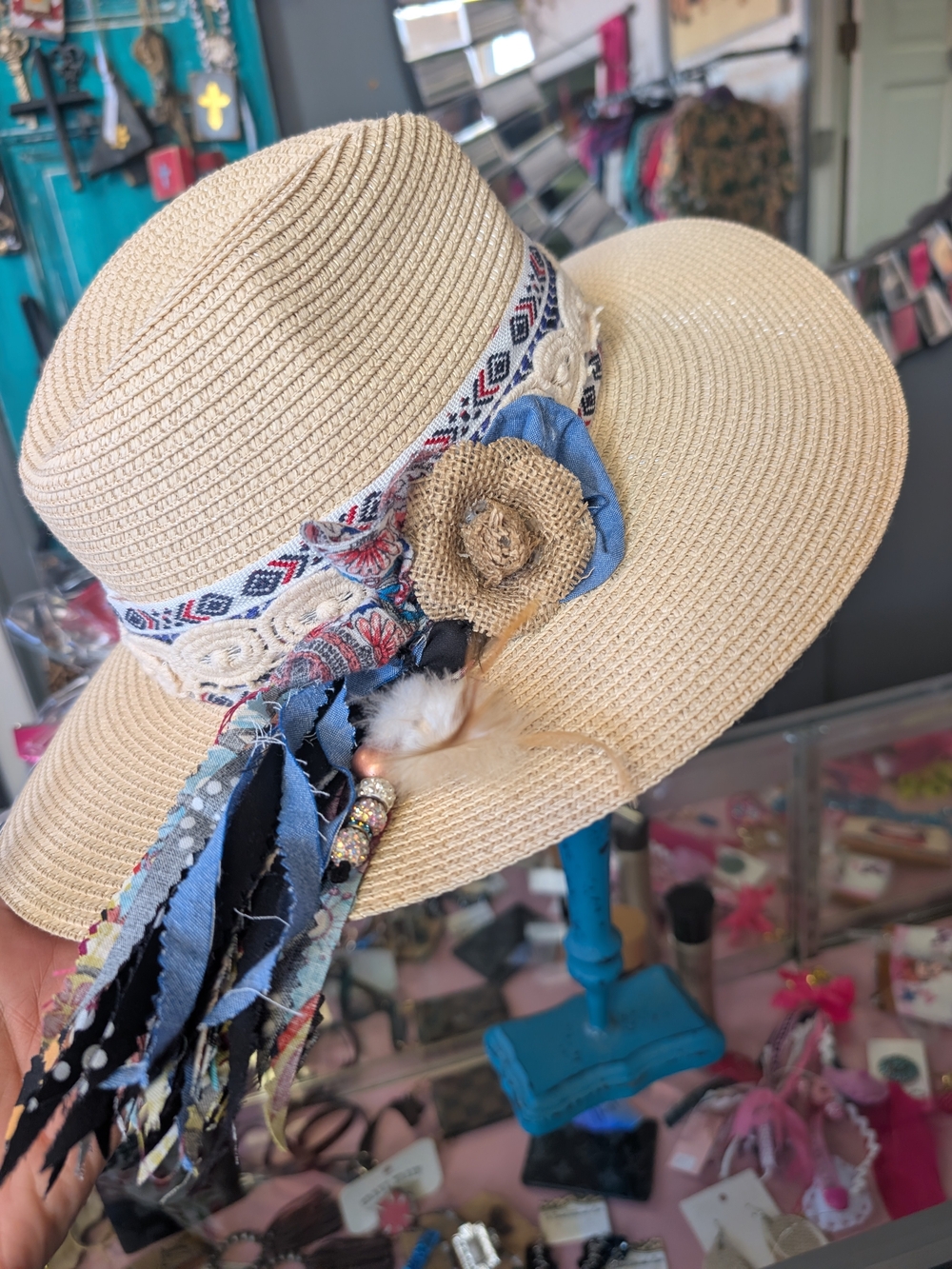 Boho Beige Straw Sun Hat with Floral and Denim Accents